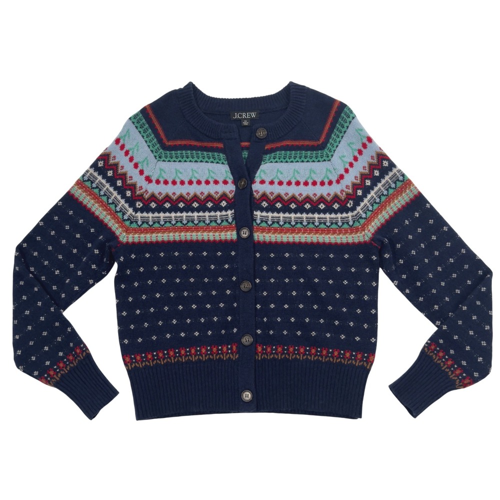 J.Crew Womens Fair Isle Cherry Cardigan Sweater XS Navy Cozy Winter Grandmacore